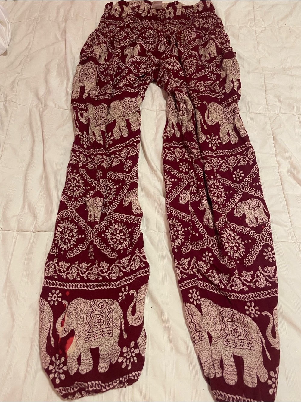 Boho Elephant Print Harem Pants - Burgundy Cream